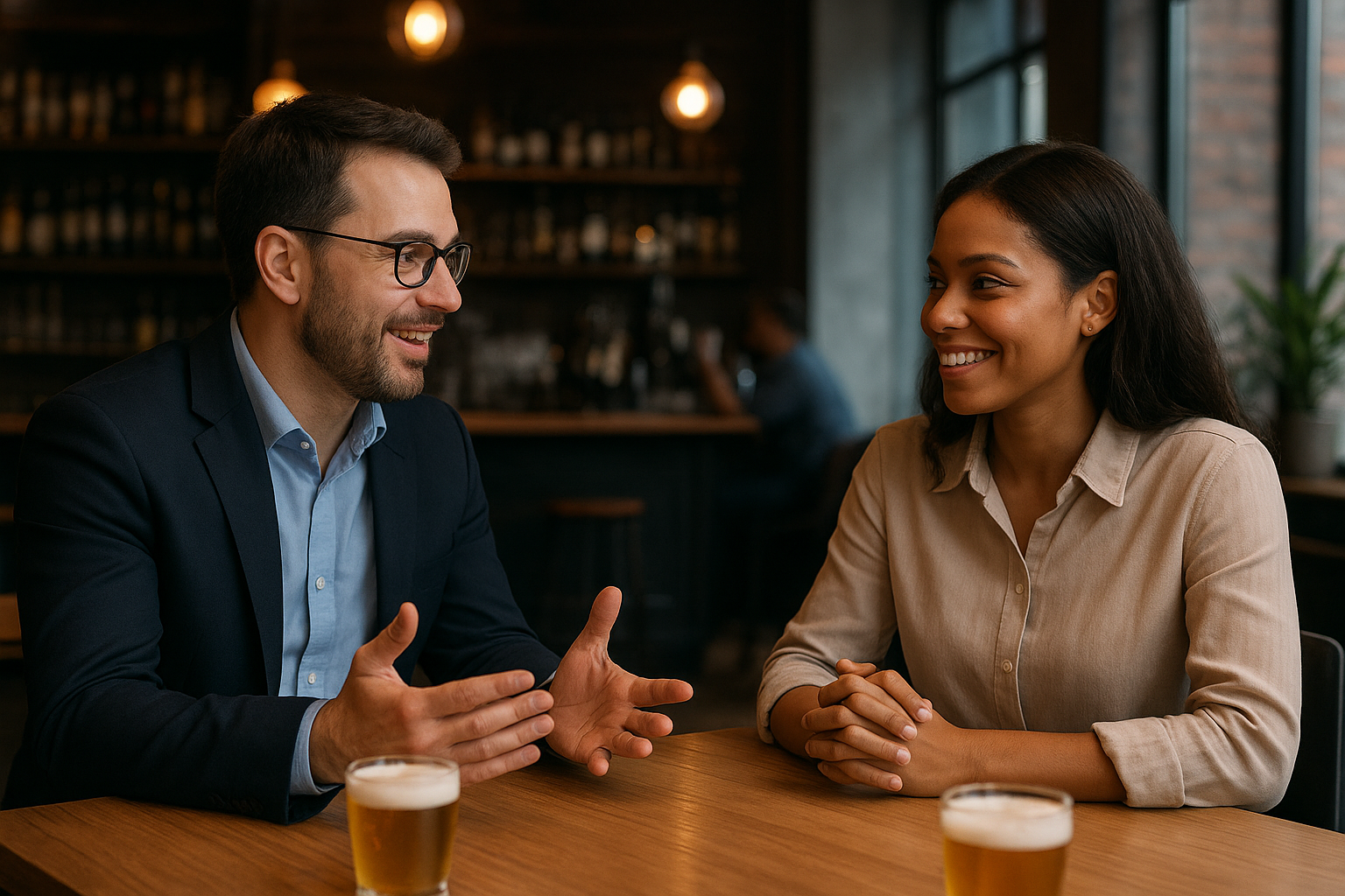 Ambiente moderno de entrevista com duas pessoas conversando de forma descontraída em uma mesa de café, enquanto elementos tecnológicos (notebook, tablet, smartphone) compõem o cenário.