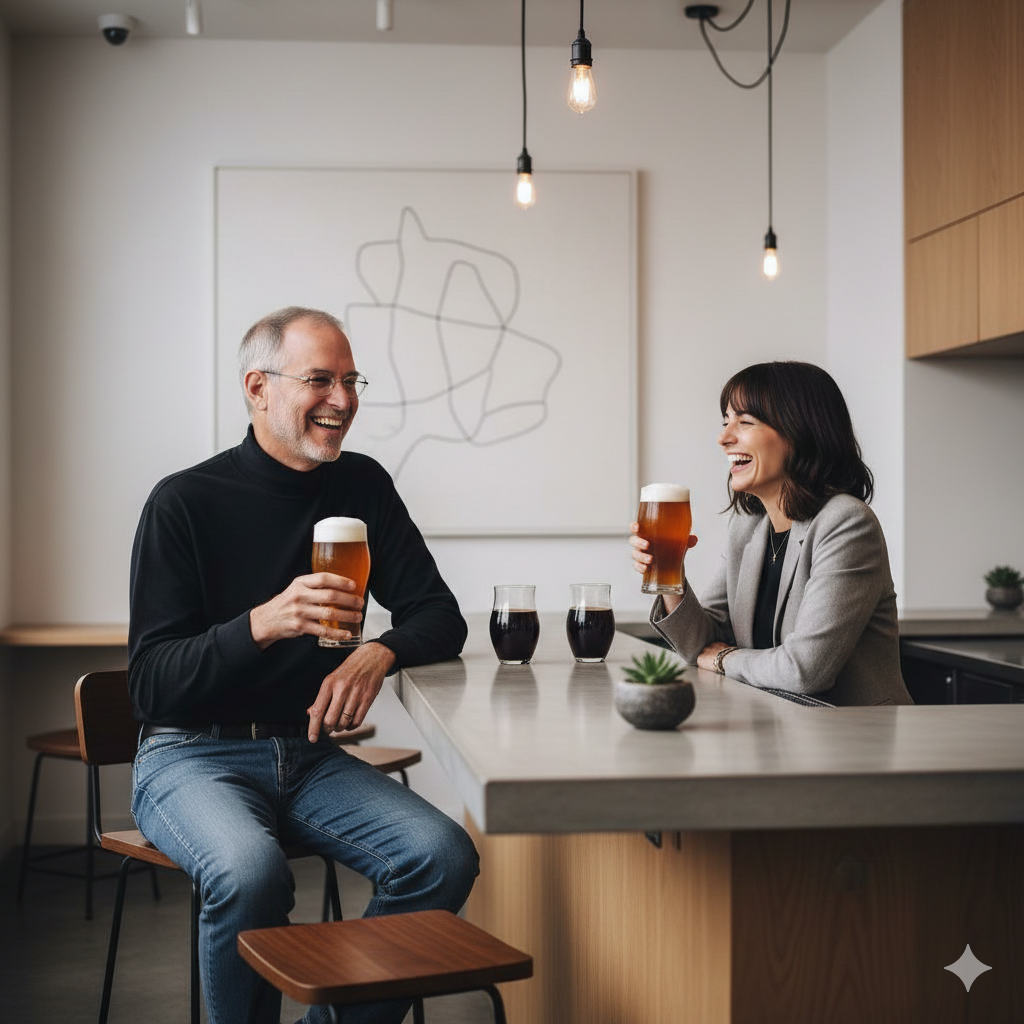 Steve Jobs conversando casualmente com alguém sentado em um bar minimalista, ambos rindo e relaxados.