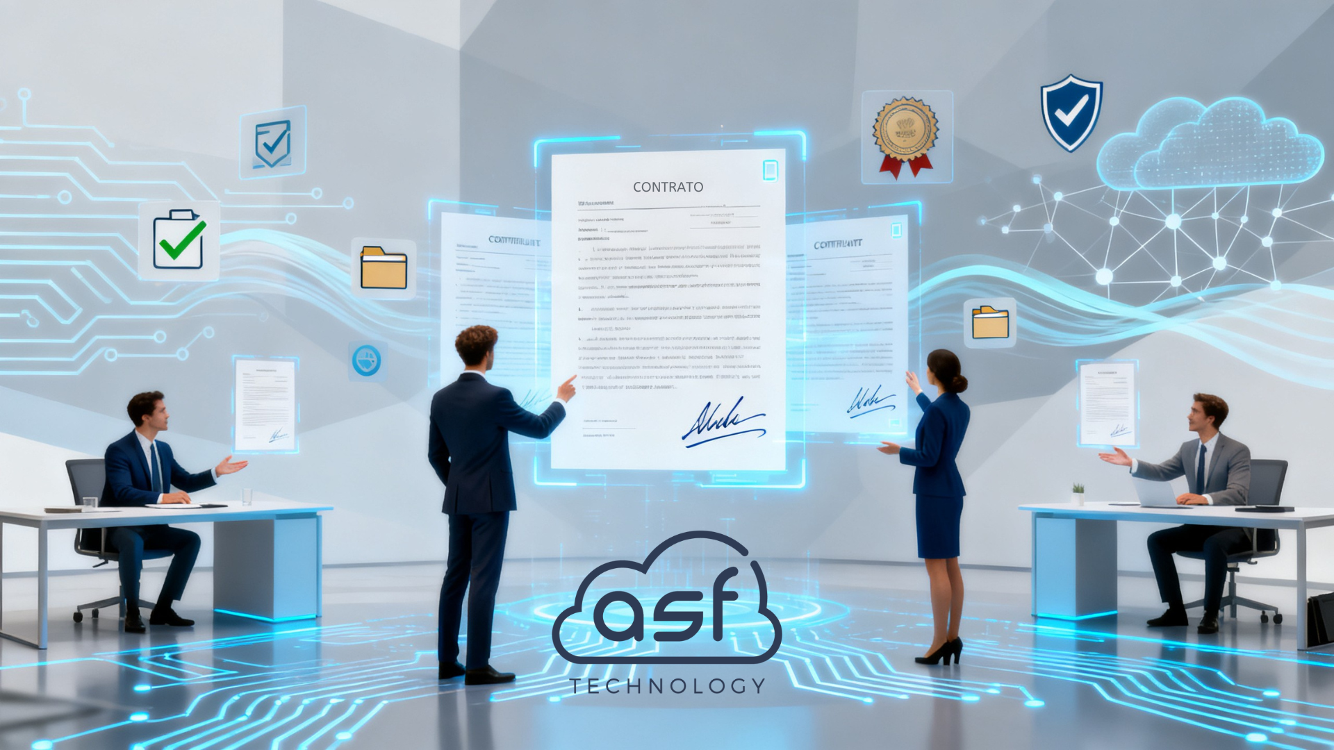 Contrato de trabalho sendo assinado digitalmente em um ambiente corporativo moderno, com elementos de gestão documental e compliance.