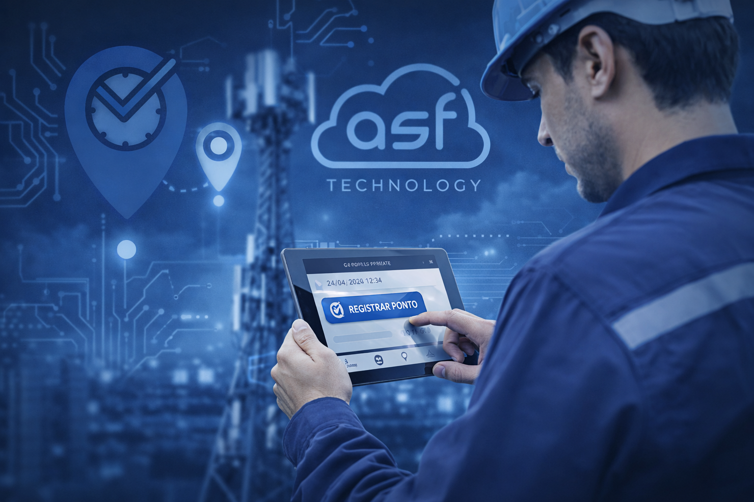 Técnico de telecom em campo com tablet registrando ponto, GPS e sinal de torre ao fundo